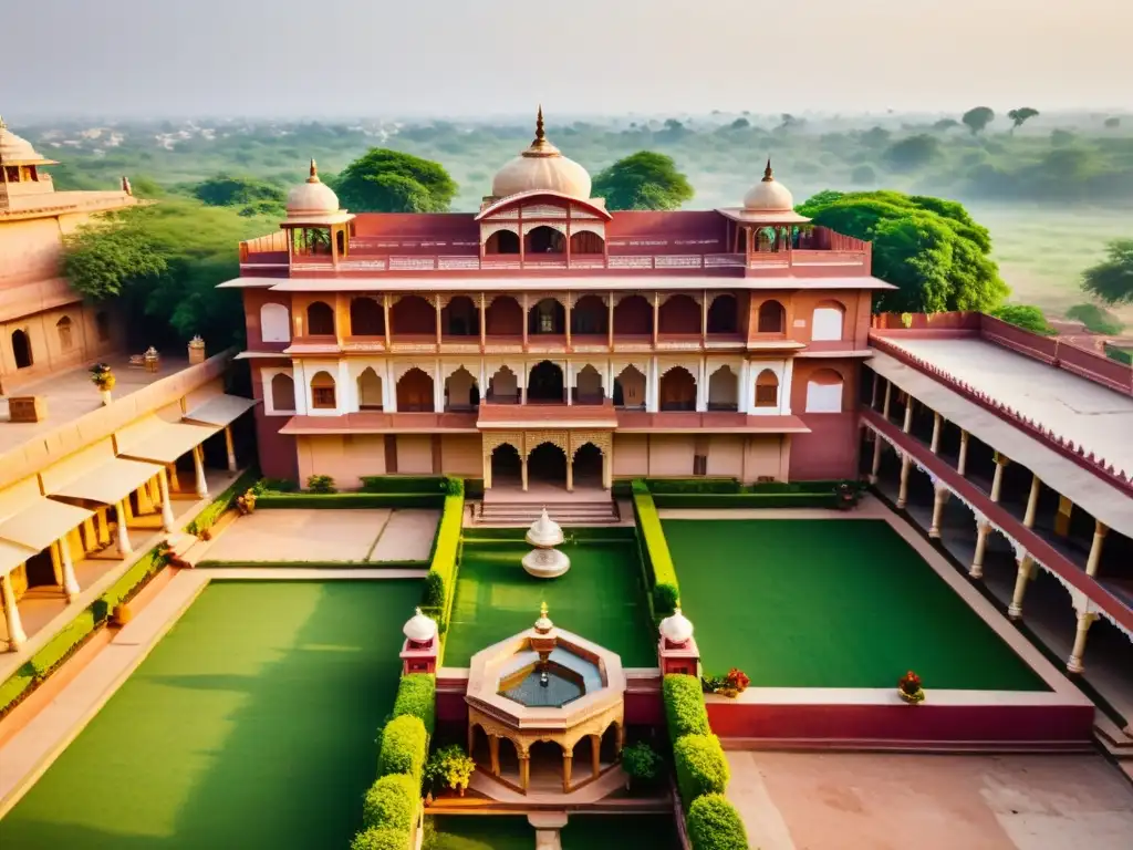 Vista aérea impresionante de un Haveli convertido en hotel de lujo en la India, fusionando tradición y opulencia