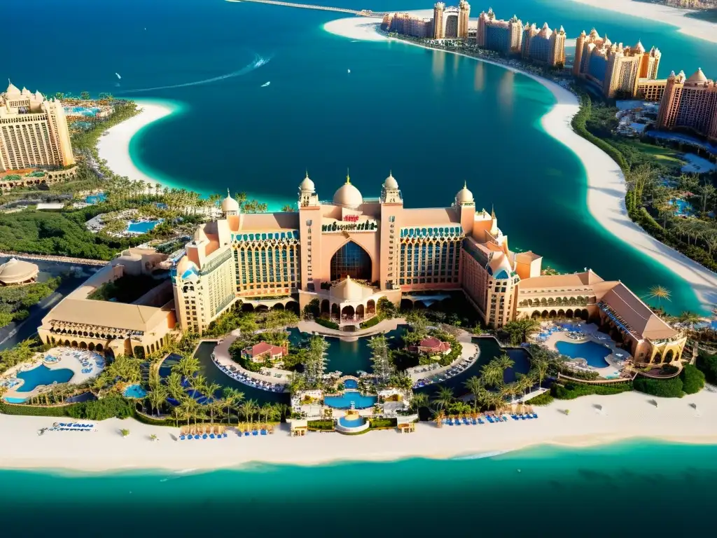 Vista aérea impresionante del hotel Atlantis The Palm en Dubái, con su arquitectura única y entorno lujoso