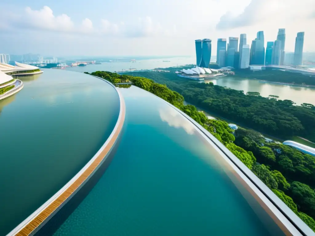 Vista aérea impresionante del hotel Marina Bay Sands en Singapur, con su icónica piscina infinita en la azotea que ofrece una panorámica de la ciudad