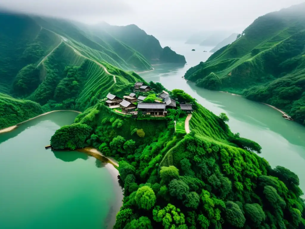 Una vista aérea impresionante de Houtouwan, un pueblo pesquero abandonado en China, entre colinas verdes y el océano brumoso al fondo