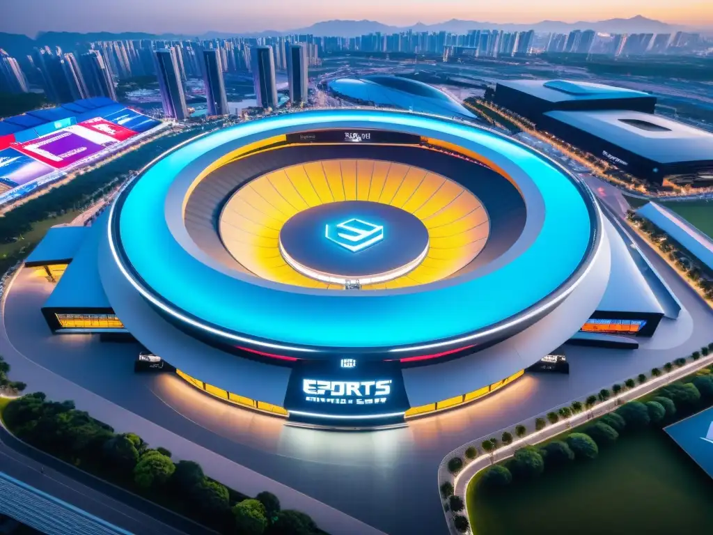 Vista aérea de la impresionante infraestructura eSports Asia, un coliseo futurista con tecnología de vanguardia y una atmósfera electrizante