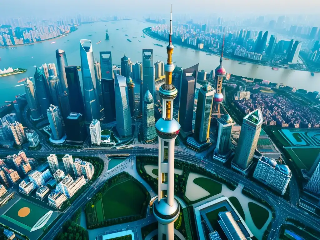 Vista aérea impresionante de la innovadora y contemporánea arquitectura de Shanghai, China