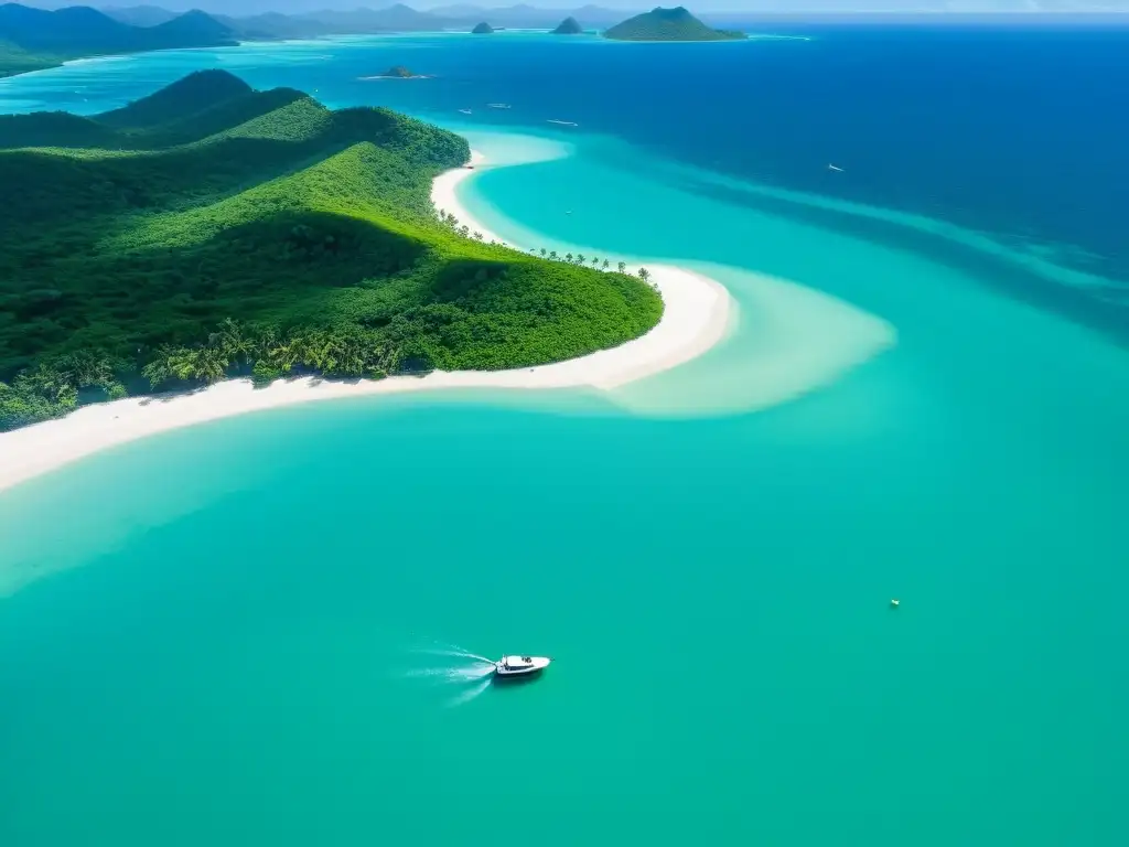 Vista aérea impresionante de La Isla de Hainan, con aguas turquesa, montañas verdes y playas de arena blanca bordeadas de palmeras