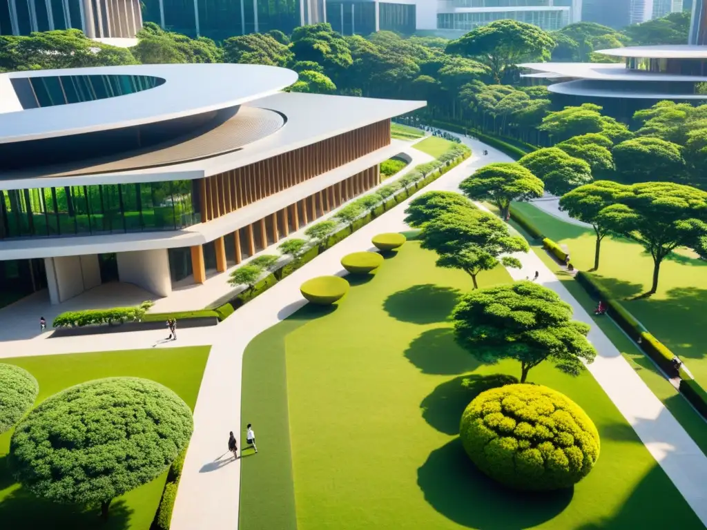 Vista aérea impresionante de un moderno campus universitario asiático, fusionando arquitectura innovadora y naturaleza exuberante