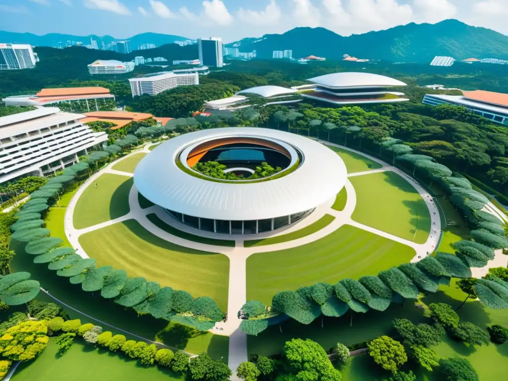 Vista aérea impresionante del moderno campus de la Universidad Nacional de Singapur, con sus instalaciones de vanguardia y vida estudiantil vibrante