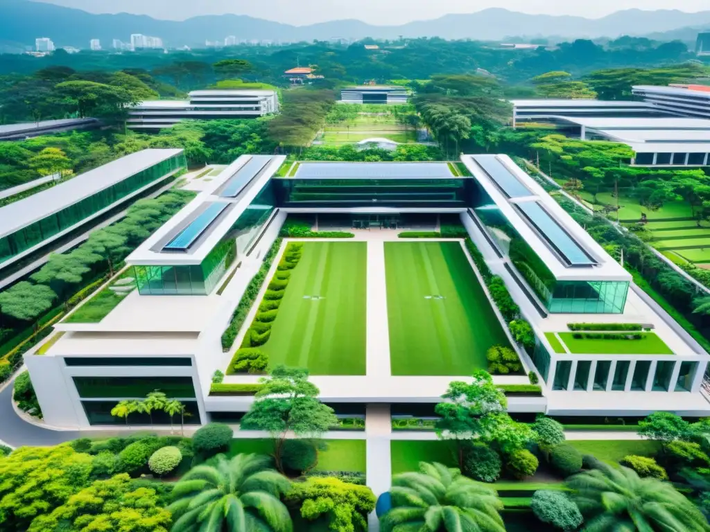 Vista aérea impresionante de un moderno campus universitario asiático, con arquitectura innovadora y sereno entorno natural