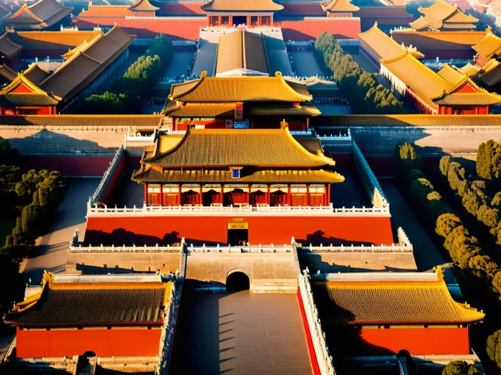 Vista aérea impresionante del Palacio Imperial Chino, revelando su majestuosidad y secretos en la suave luz del atardecer