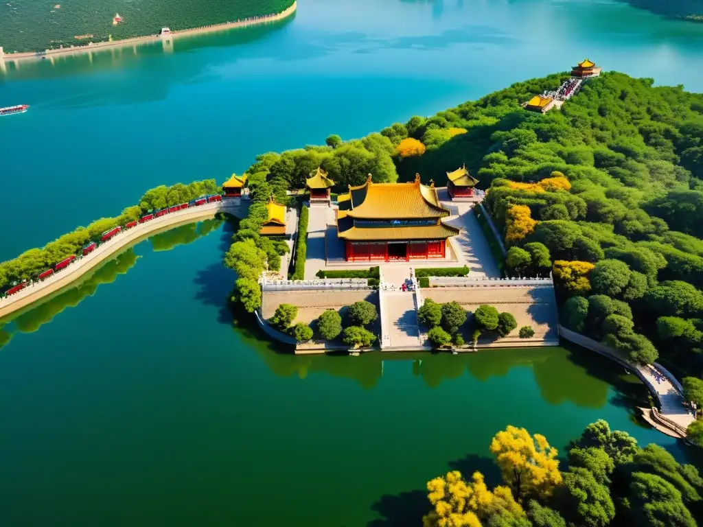 Vista aérea impresionante del Palacio de Verano en Beijing, con su arquitectura histórica, exuberantes jardines y lago tranquilo