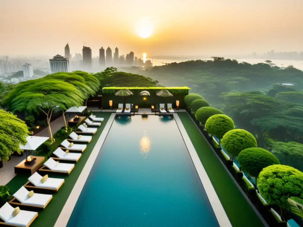 Vista aérea impresionante de la piscina infinita en un lujoso hotel de Mumbai con diseño elegante y vista a la ciudad al atardecer