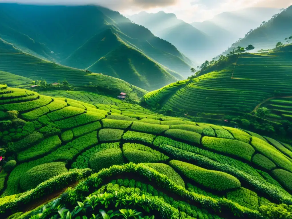 Vista aérea impresionante de plantaciones de té en Asia, bañadas por luz dorada entre las montañas brumosas