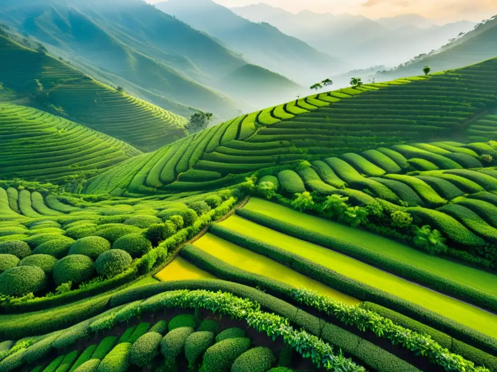 Vista aérea impresionante de plantaciones de té en Asia, con exuberantes colinas verdes, luz dorada y neblina etérea