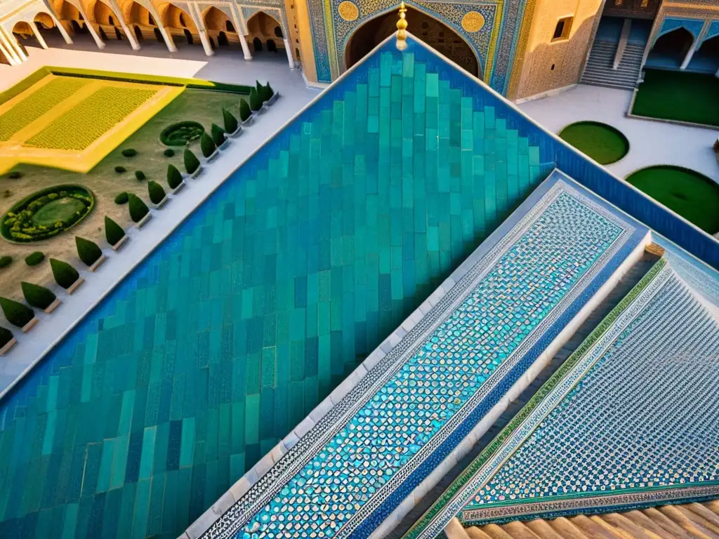 Vista aérea impresionante de la Plaza Registán en Samarcanda, mostrando detalles arquitectónicos y mosaicos coloridos