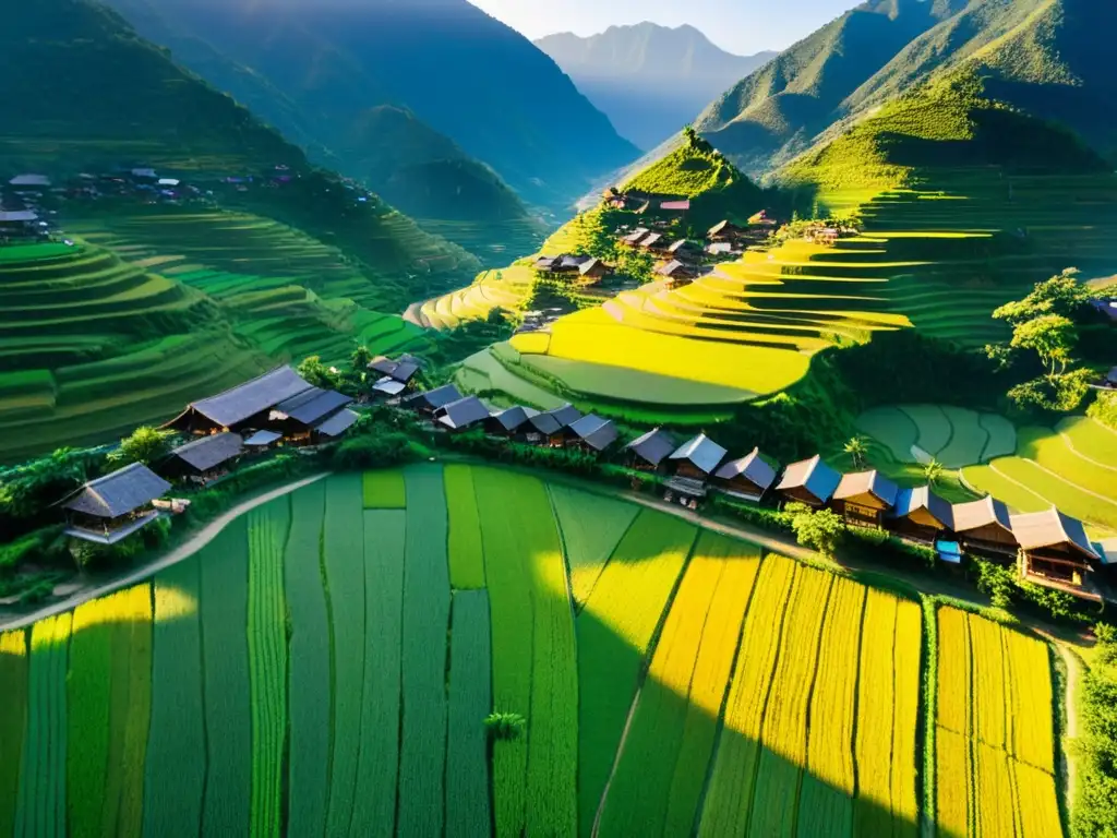 Vista aérea impresionante de un pueblo asiático remoto rodeado de montañas verdes, terrazas de arroz y casas de madera