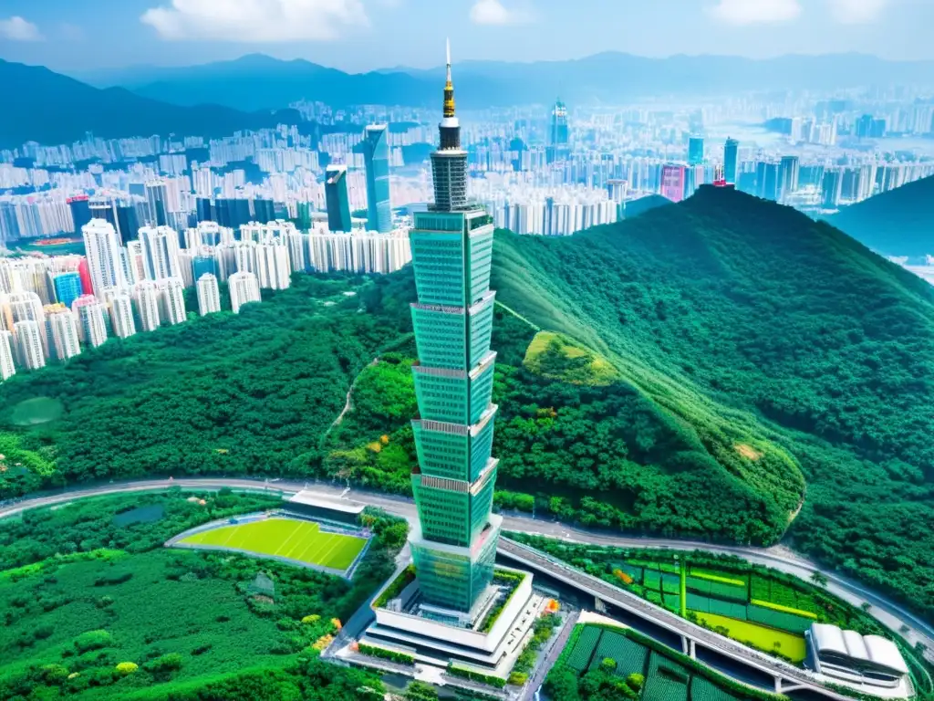 Vista aérea impresionante del rascacielos Taipei 101 en Taiwán, con diseño verde innovador y certificación de edificios asiáticos verdes