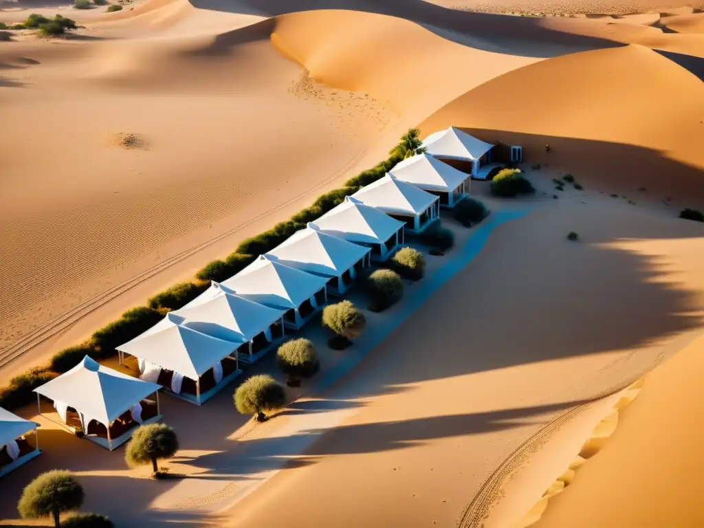 Vista aérea impresionante de un resort de lujo en el desierto del Oriente Medio, con diseño opulento y exótico