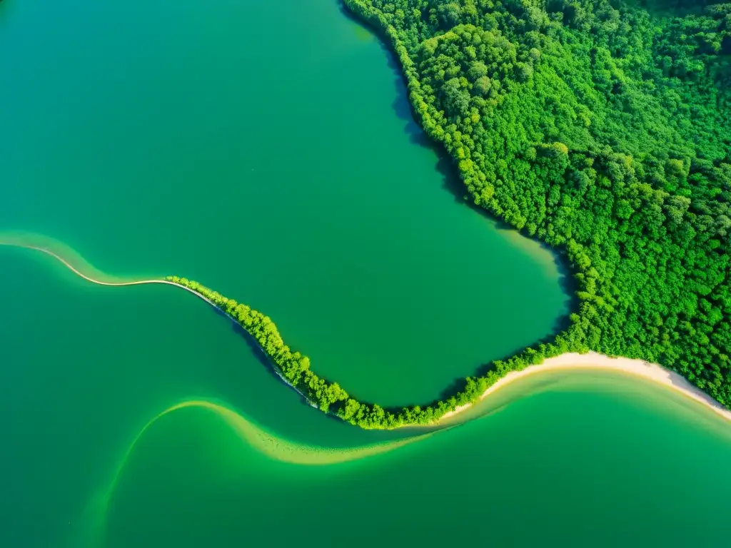 Vista aérea impresionante de los sistemas fluviales inexplorados de Asia, entre exuberantes bosques verdes y aguas esmeralda