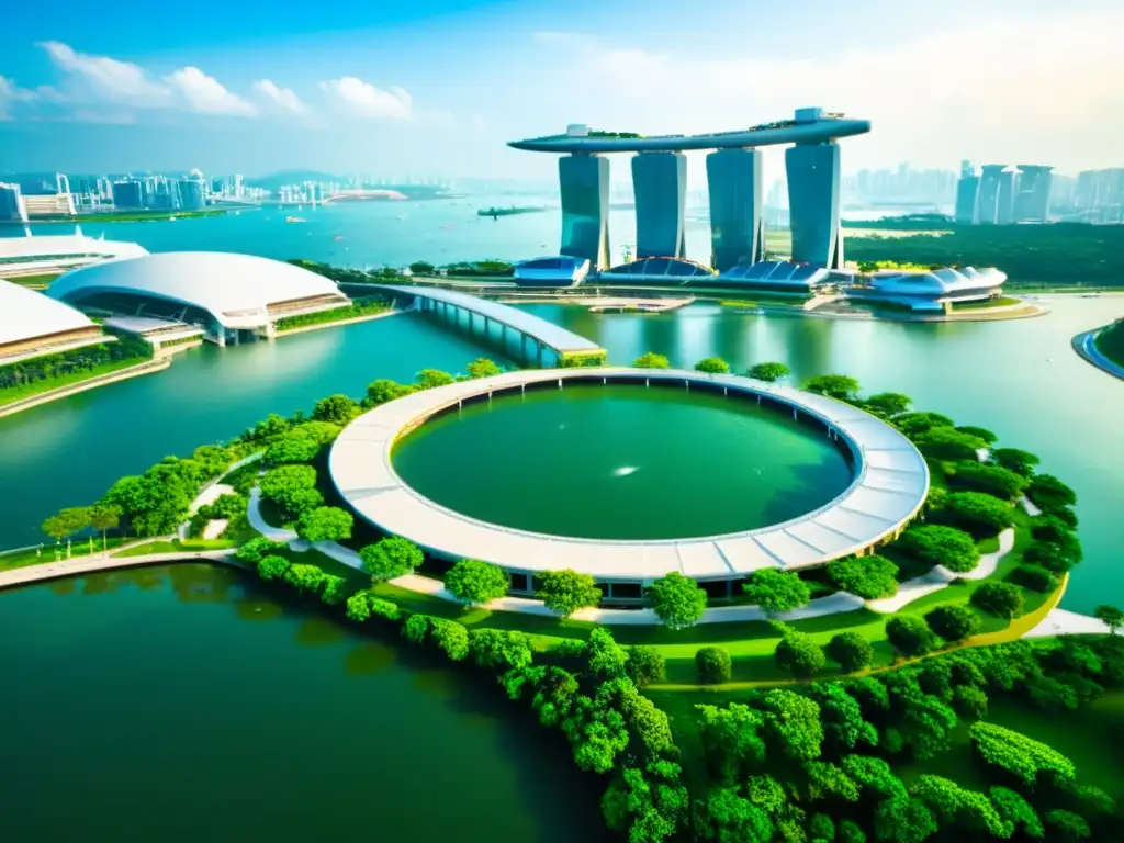 Vista aérea impresionante del Marina Barrage en Singapur, con sistemas de gestión sostenible y diseño asiático, fusionando naturaleza y arquitectura urbana