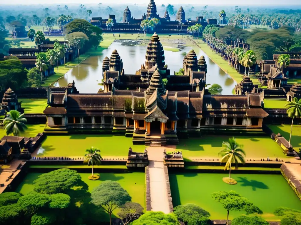 Vista aérea impresionante del templo Angkor Wat en Camboya, muestra detalles intricados de las estructuras de piedra rodeadas de vegetación exuberante