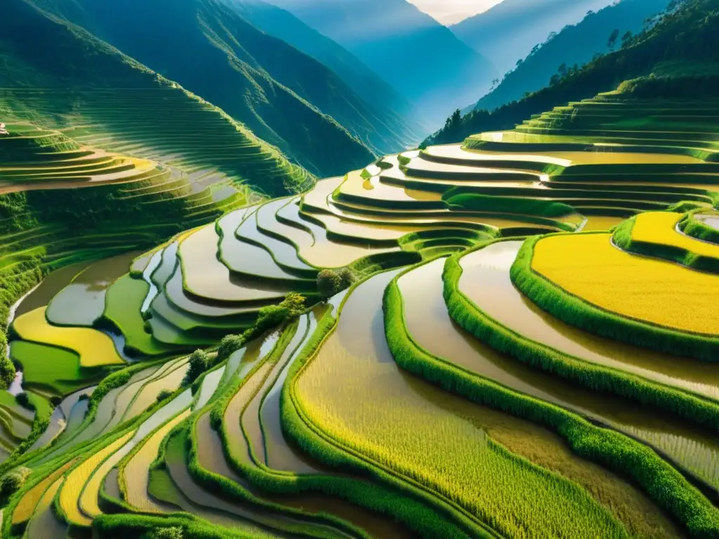 Vista aérea impresionante de terrazas de arroz en Yuanyang, China, durante la hora dorada