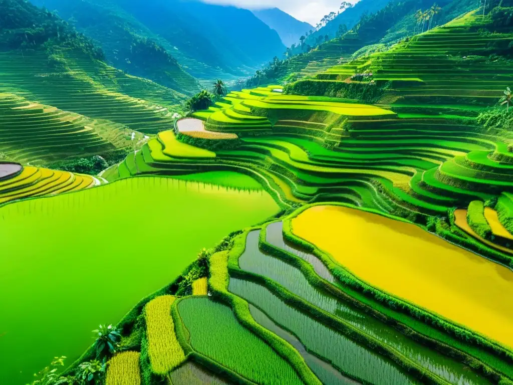 Vista aérea impresionante de terrazas de arroz en el sudeste asiático, con el vibrante verde de los campos contrastando con el paisaje