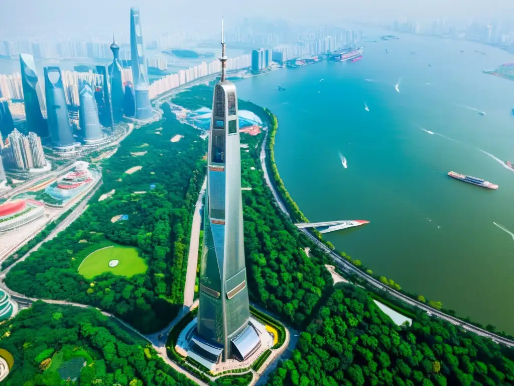 Vista aérea impresionante de la Torre de Shanghai, rodeada de vegetación y características ecológicas como paneles solares y jardines en la azotea