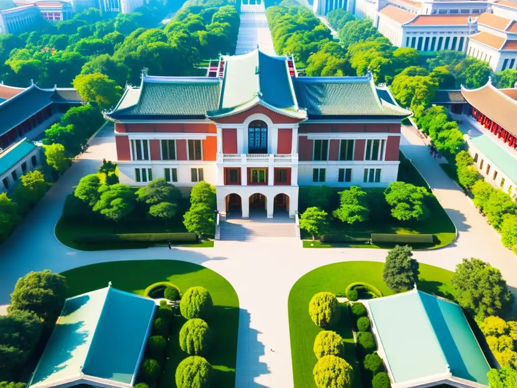 Vista aérea impresionante de Tsinghua University con edificios imponentes, exuberante vegetación y estudiantes