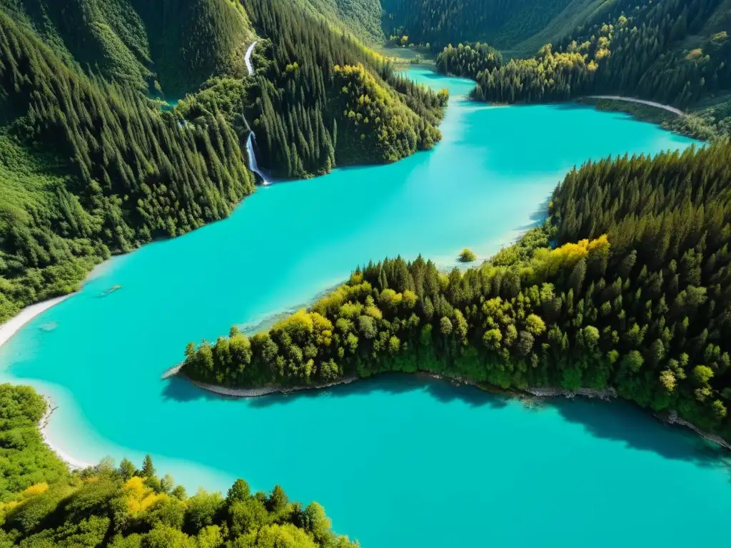 Vista aérea impresionante del Valle Jiuzhaigou en China, con sus aguas turquesas, cascadas, lagos coloridos y exuberante vegetación