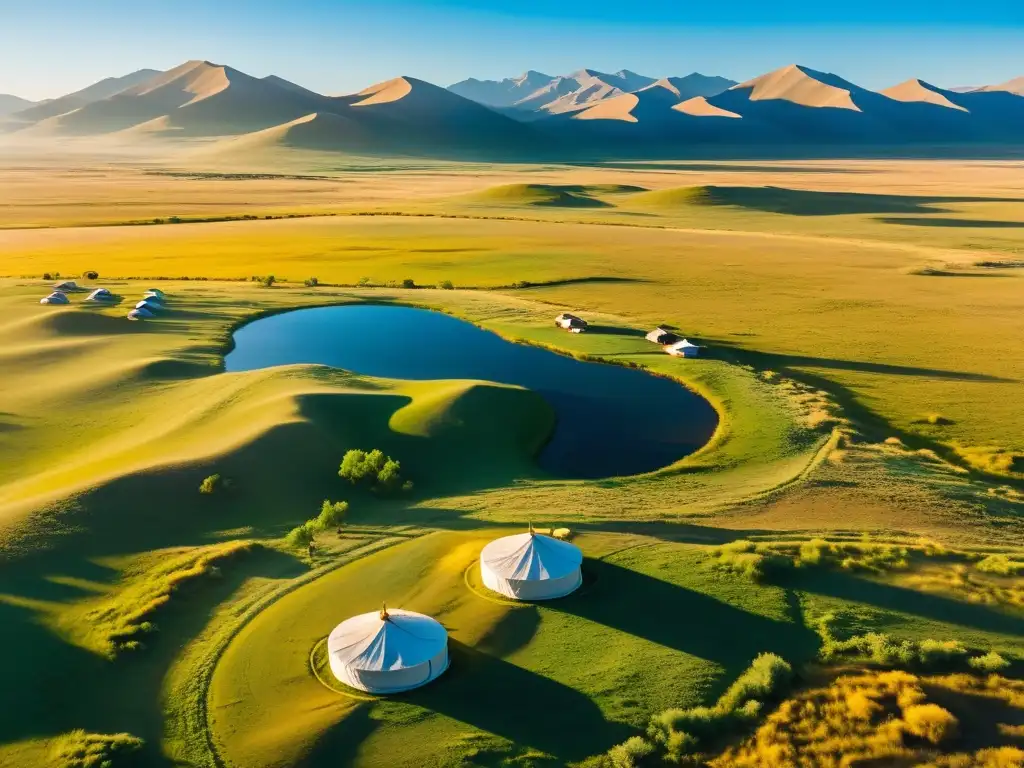 Vista aérea impresionante de la vasta estepa mongola, con yurtas nómadas, caballos y ovejas