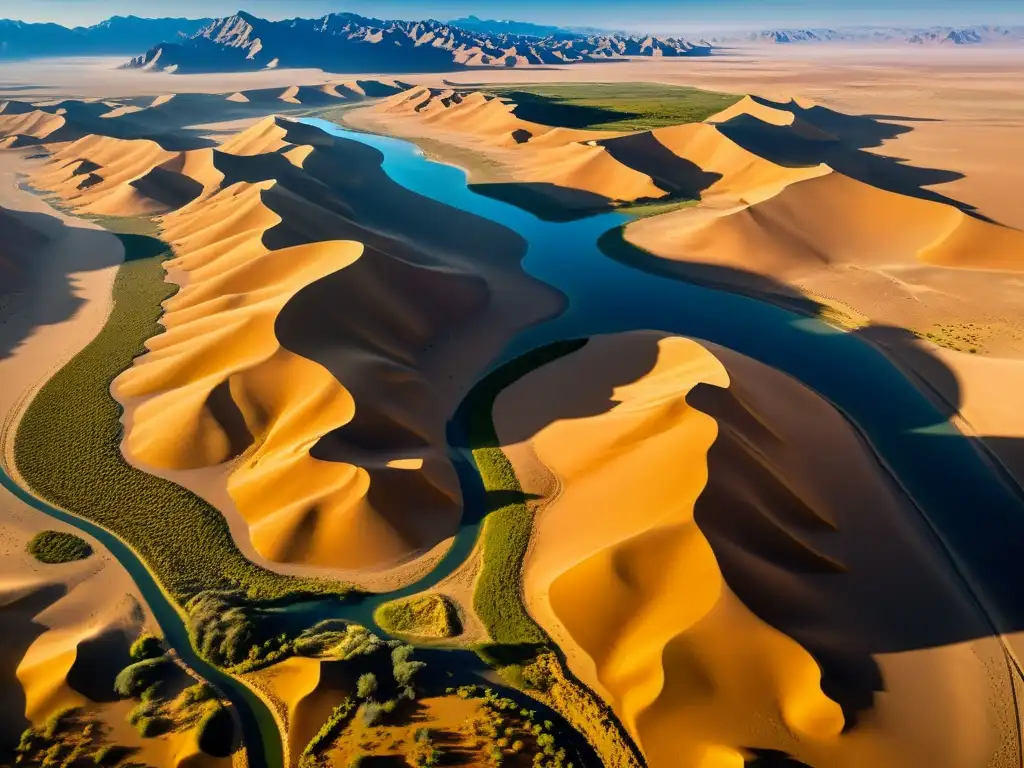 Vista aérea impresionante del vasto Desierto de Gobi, con dunas doradas, montañas escarpadas y arroyos oasis