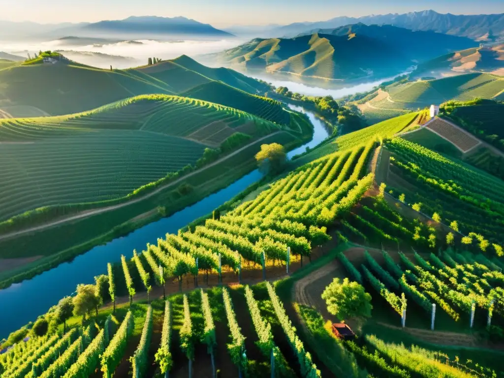 Vista aérea impresionante de viñedos exuberantes y ríos serpenteantes en el campo asiático, con una inversión en vinos exóticos de Asia