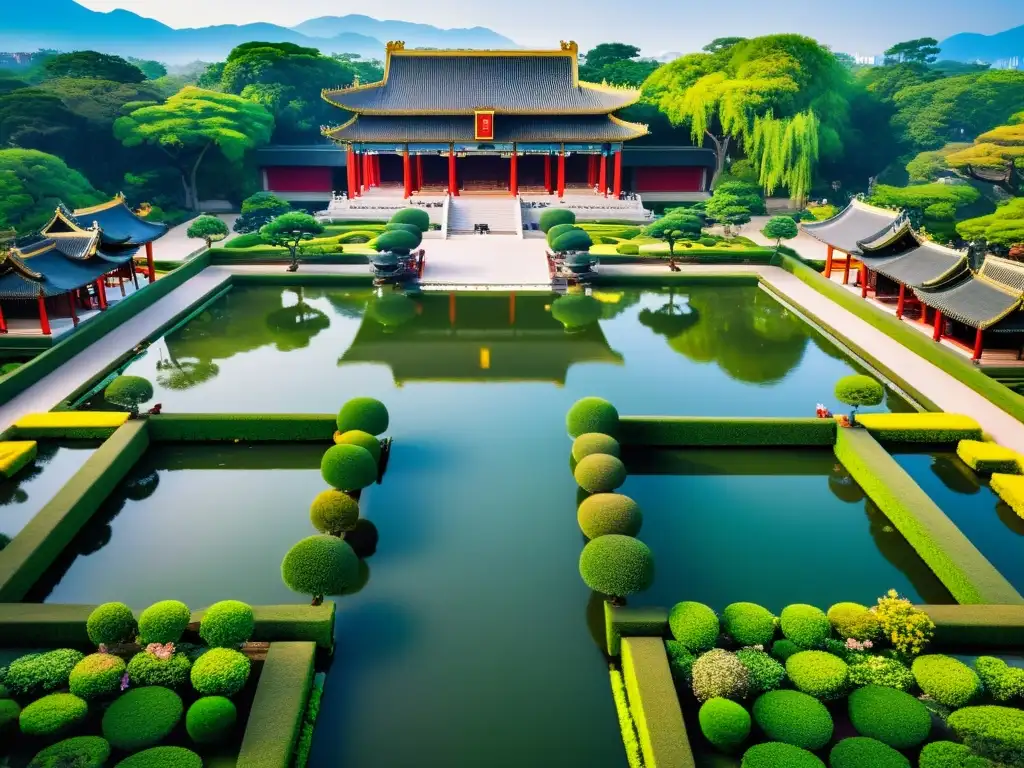 Vista aérea de los impresionantes Jardines Imperiales, con paisajes cuidados, arquitectura china y tranquilos estanques