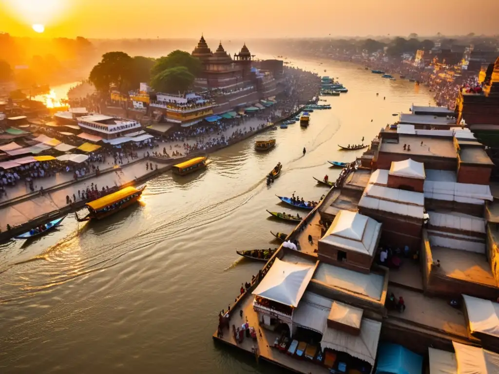 'Vista aérea del río Ganges en Varanasi, India, capturando la espiritualidad del Ganges en India con sus ghats, templos y devotos junto al río