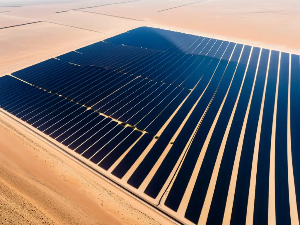 Vista aérea de una inmensa planta solar en el desierto de Gobi, con paneles solares relucientes creando un patrón geométrico hipnotizante