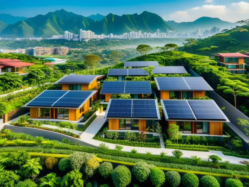 Vista aérea de innovador desarrollo de viviendas sostenibles en Asia, con jardines en azoteas y paneles solares