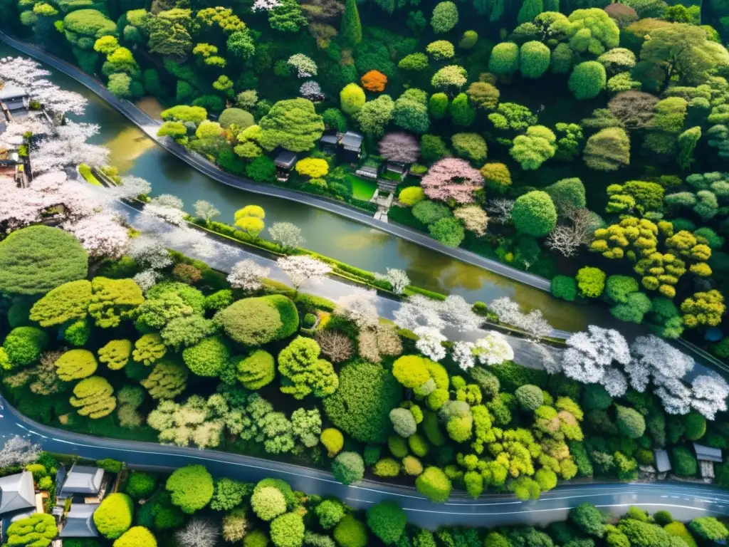 Vista aérea de Kyoto, Japón, fusionando naturaleza y urbanización