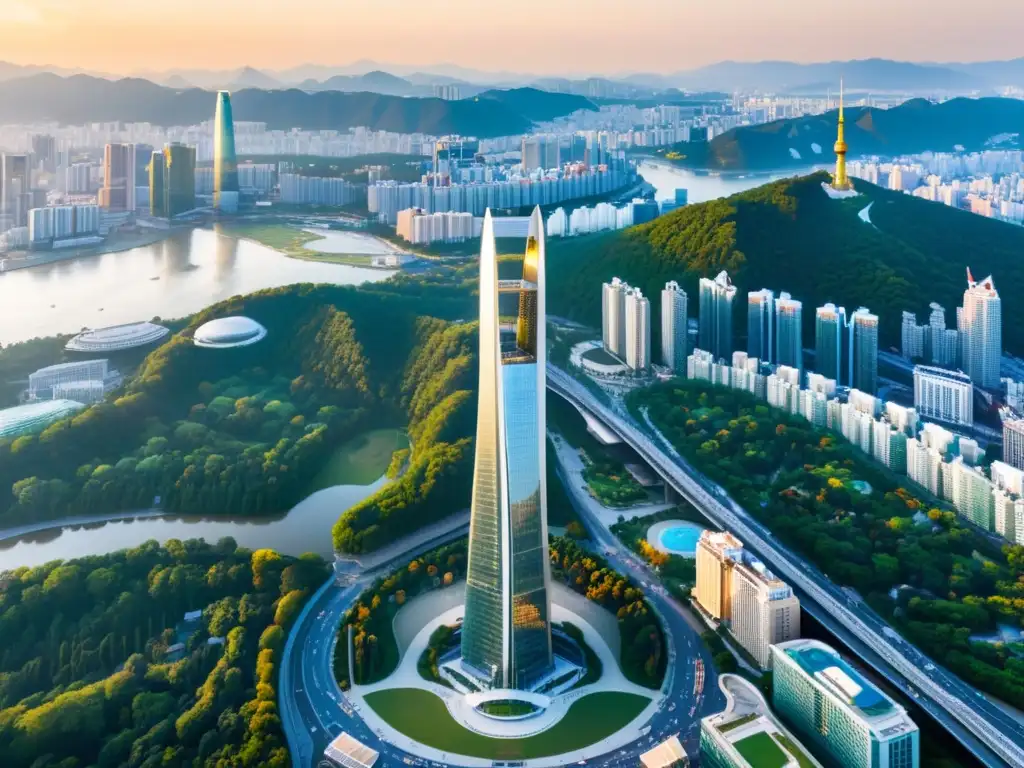 Vista aérea de la lujosa Torre Lotte World en Seúl, rodeada de rascacielos modernos y exuberante vegetación