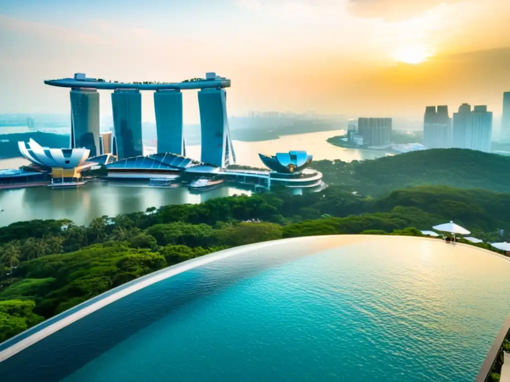 Vista aérea del lujoso Marina Bay Sands en Singapur al atardecer, destacando su icónica arquitectura y la ciudad