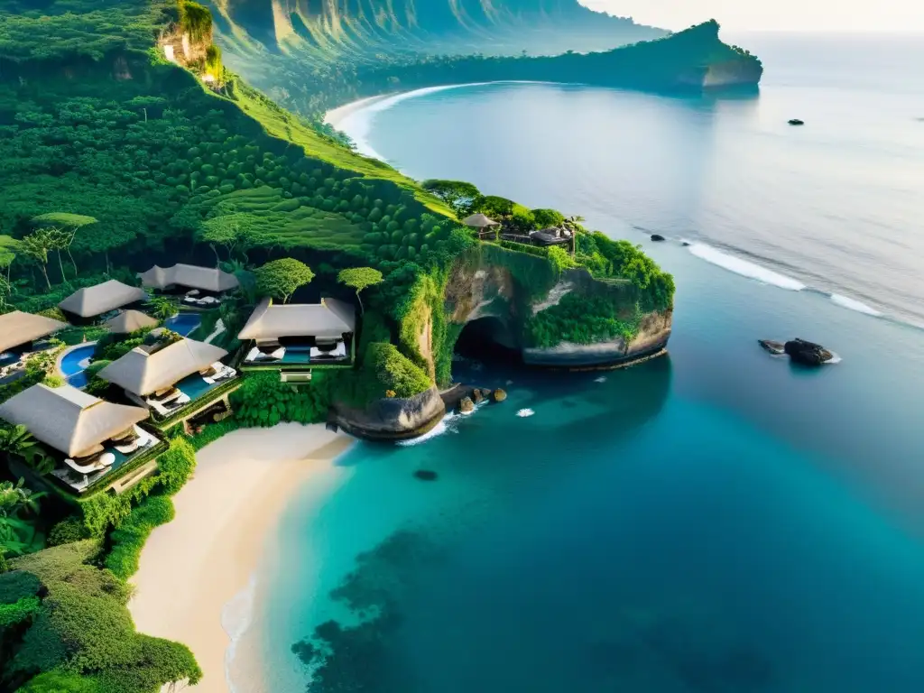 Vista aérea del lujoso Ayana Resort and Spa en Bali, con piscina infinita y exuberante vegetación