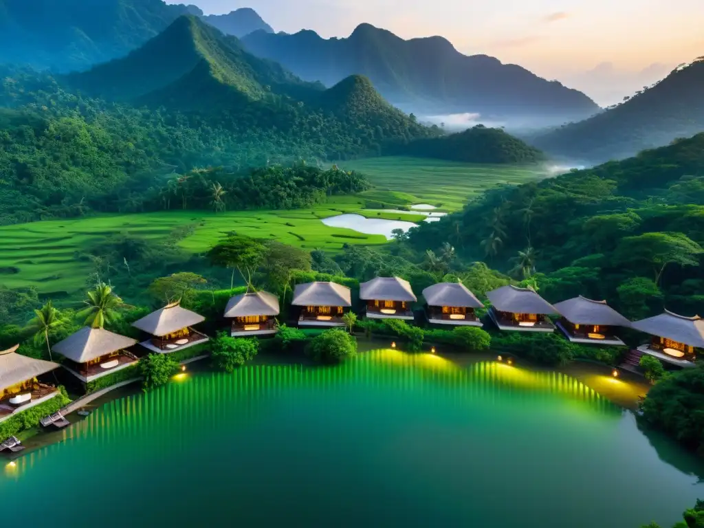 Vista aérea de lujoso ecoresort en selva asiática con alojamientos exóticos y ambiente sereno al atardecer