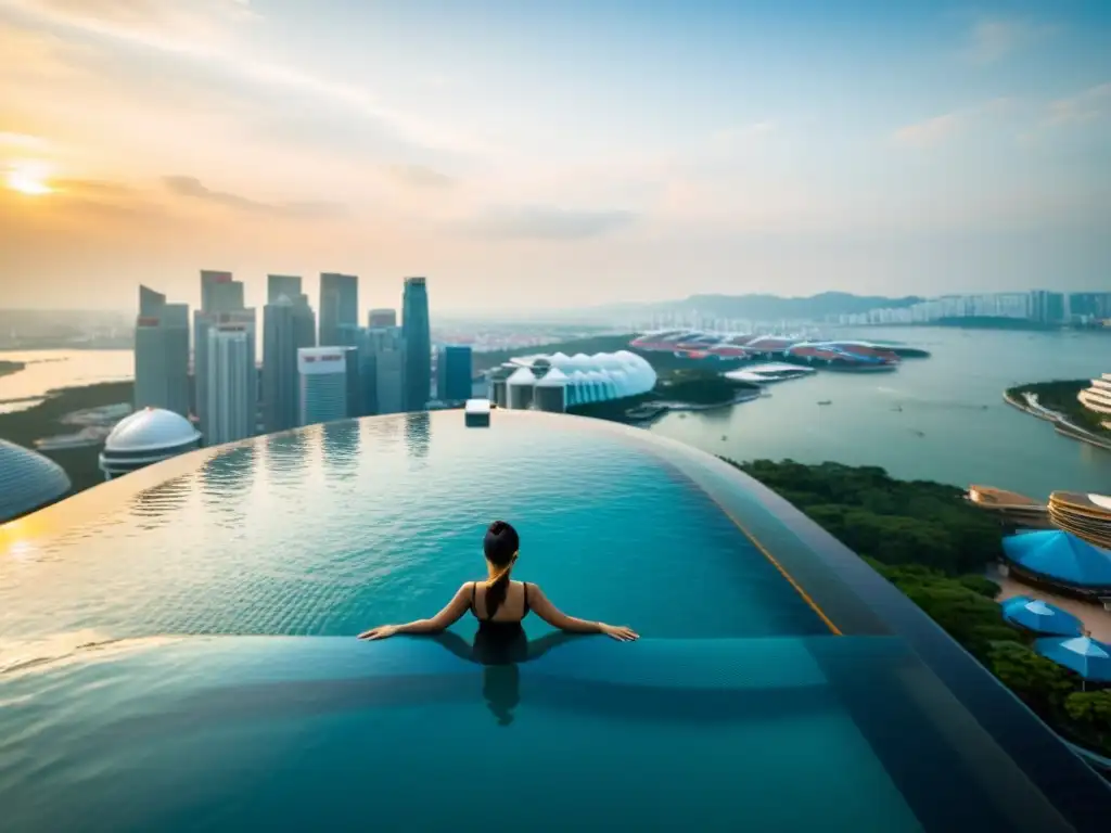 Vista aérea del lujoso hotel Marina Bay Sands en Singapur, con su icónica piscina infinita en la azotea y el horizonte urbano al atardecer