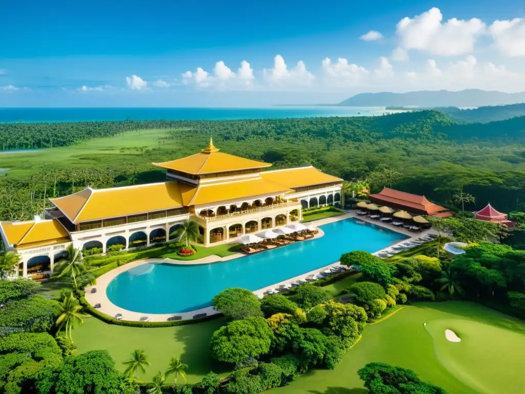 Vista aérea del lujoso Hotel Empire & Country Club en Brunei, con su arquitectura grandiosa, exuberante vegetación y amplia zona de piscina