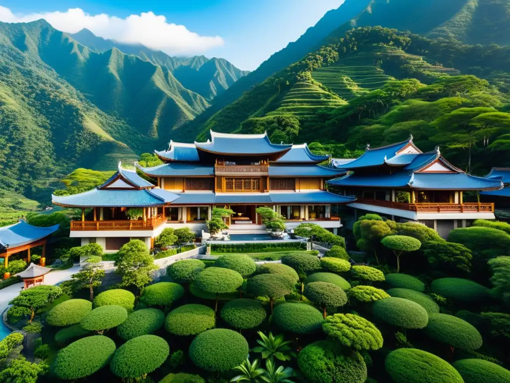 Vista aérea de un lujoso hotel asiático en medio de exuberantes montañas, jardines y cielo azul