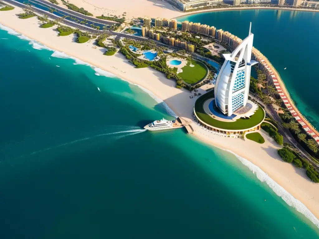 Vista aérea del lujoso hotel Burj Al Arab en Dubái, con su distintiva silueta en forma de vela brillando bajo el sol en el Golfo Pérsico