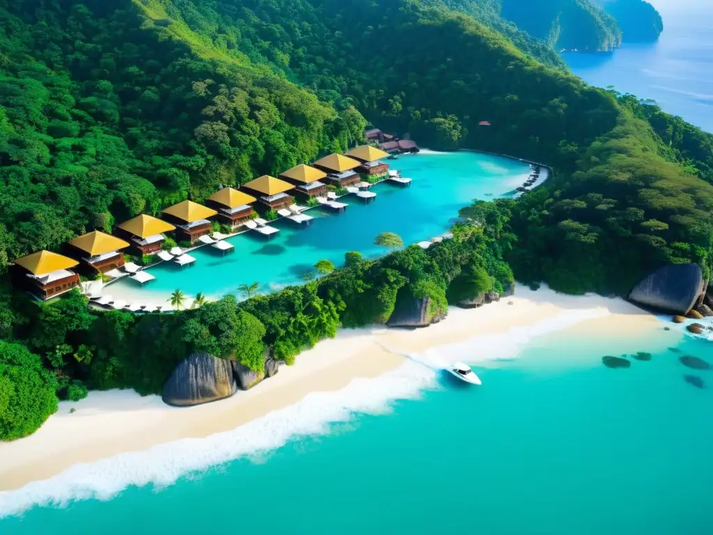 Vista aérea de un lujoso hotel en acantilado frente al mar en el sudeste asiático