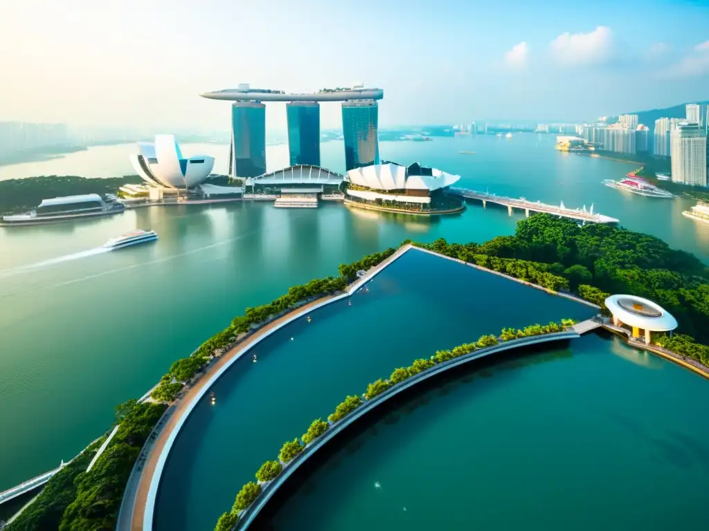 Vista aérea del lujoso hotel Marina Bay Sands en Singapur, con su icónica piscina infinita en la azotea y el impresionante skyline de la ciudad