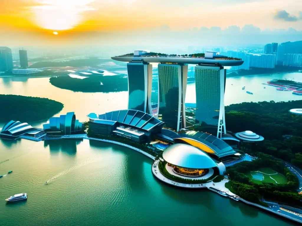 Vista aérea del lujoso hotel Marina Bay Sands en Singapur al atardecer, con una impresionante piscina infinita