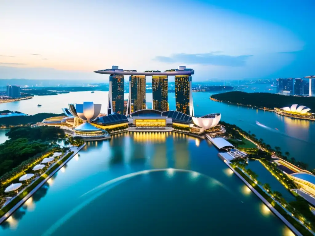 Vista aérea del lujoso hotel Marina Bay Sands en Singapur, con su icónica piscina infinita y la moderna arquitectura de la ciudad