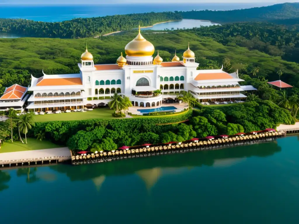 Vista aérea del lujoso Empire Hotel & Country Club en Brunei, con su arquitectura grandiosa, exuberante vegetación y costa impecable