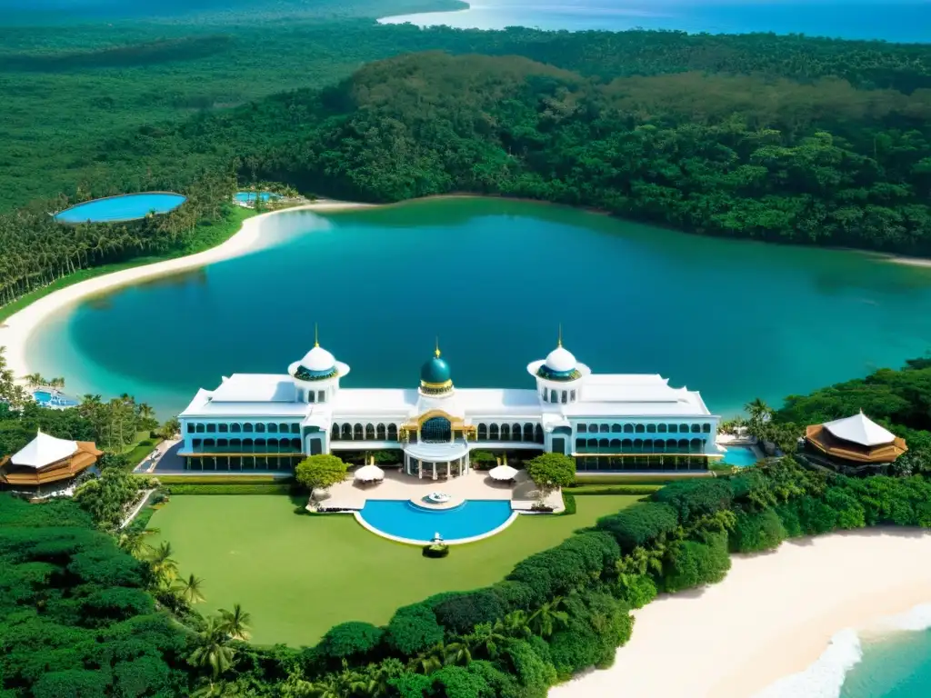 Vista aérea del lujoso Empire Hotel & Country Club en Brunei, con arquitectura grandiosa y exuberante vegetación, junto al mar de China Meridional