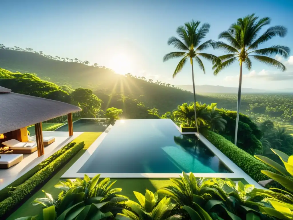 Vista aérea de un lujoso hotel en Asia con piscina infinita y exuberante vegetación, representando el lujo accesible en hoteles de alta gama en Asia